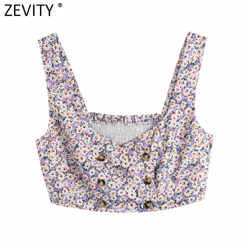 Zevity Women Double Breasted Floral Print Short Smock Blouse Female French Style Elastic Slim Shirt Purple Blusas Tops LS9206