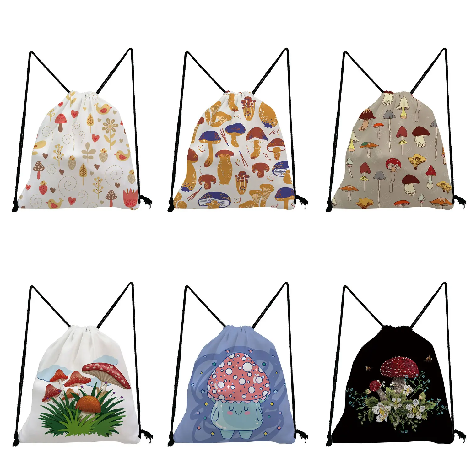 

Drawstring Bag Child School Book Bags Design Casual Eco Reusable Foldable Bright Colors Cartoon Mushroom Pattern Print Backpack