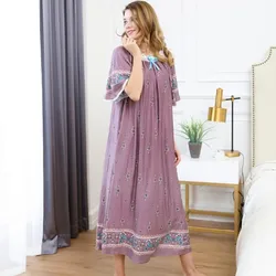 Casual Ladies Long Nightshirt Plus Size Loose Nightgown Women Holiday Print Dress Women Summer Short Sleeve Cotton Nightdress