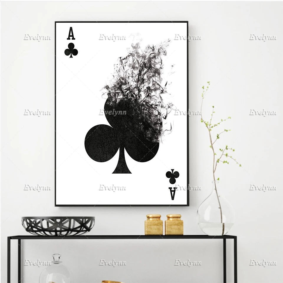 Playing Cards Wall Art Black And White Art Illustration,Smoke Art,Printable Card Game Art Decor,Poker Player Gift Floating Frame