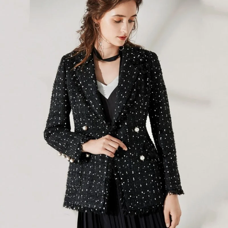 

Women Luxury Spring Autumn Coat Slim Small Fragrance Coats Ladies Formal Office Beaded Tweed Female Jacket Black Dot Outerwear