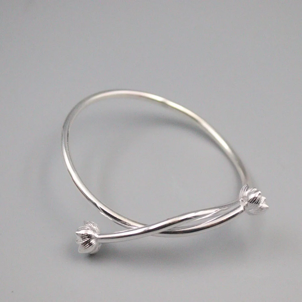 

Fine Pure S999 Sterling Silver Bangle Women 3mmW Weave Flower Figure Bracelet 55-57mm 19-20g