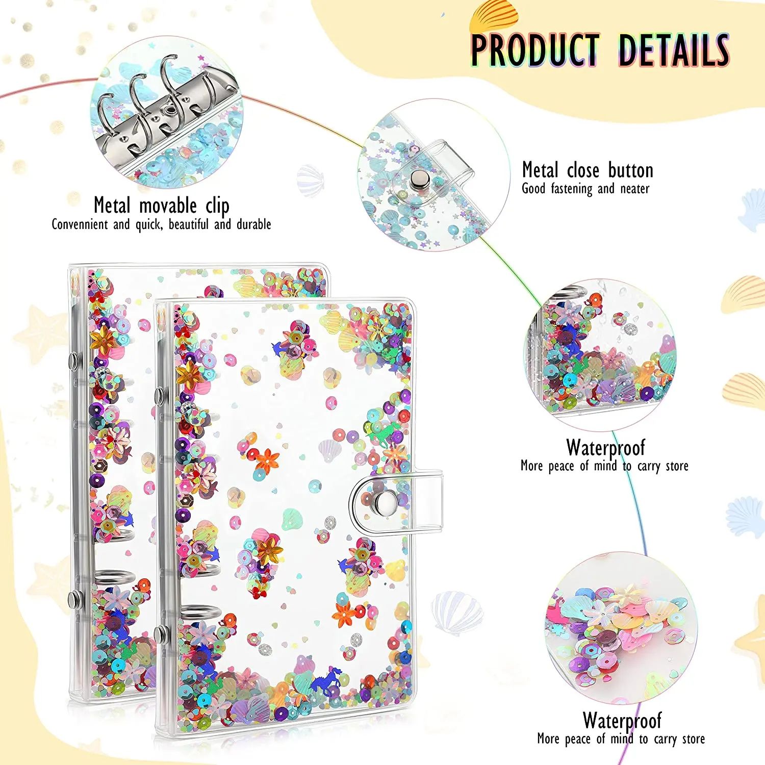 2 Pieces A6 Binder Budget 6-Ring Shiny Sequin Cover, Waterproof Refillable with Snap Button Closure and Ruler,for School Office