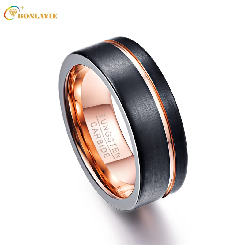 BONLAVIE Tungsten Carbide Rose Gold Color Wedding Bands 8mm High Polishing Men Ring Anillos Para Hombres Pierscienie