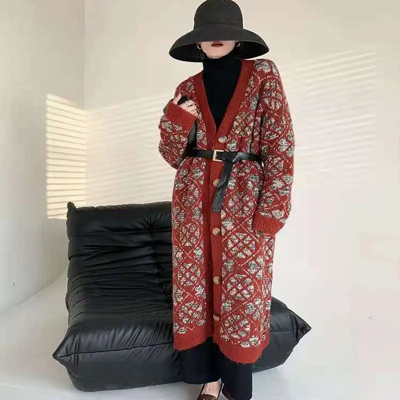 2021 new sweater coat women's autumn and winter cardigan lazy wind Korean thickened and elongated wool coat