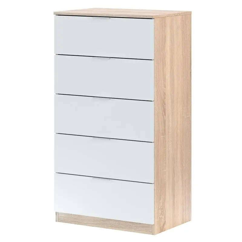 Comfortable 5 drawers chifonier model Alaya, Canadian oak finish and Artik White, 60x110x40 cm