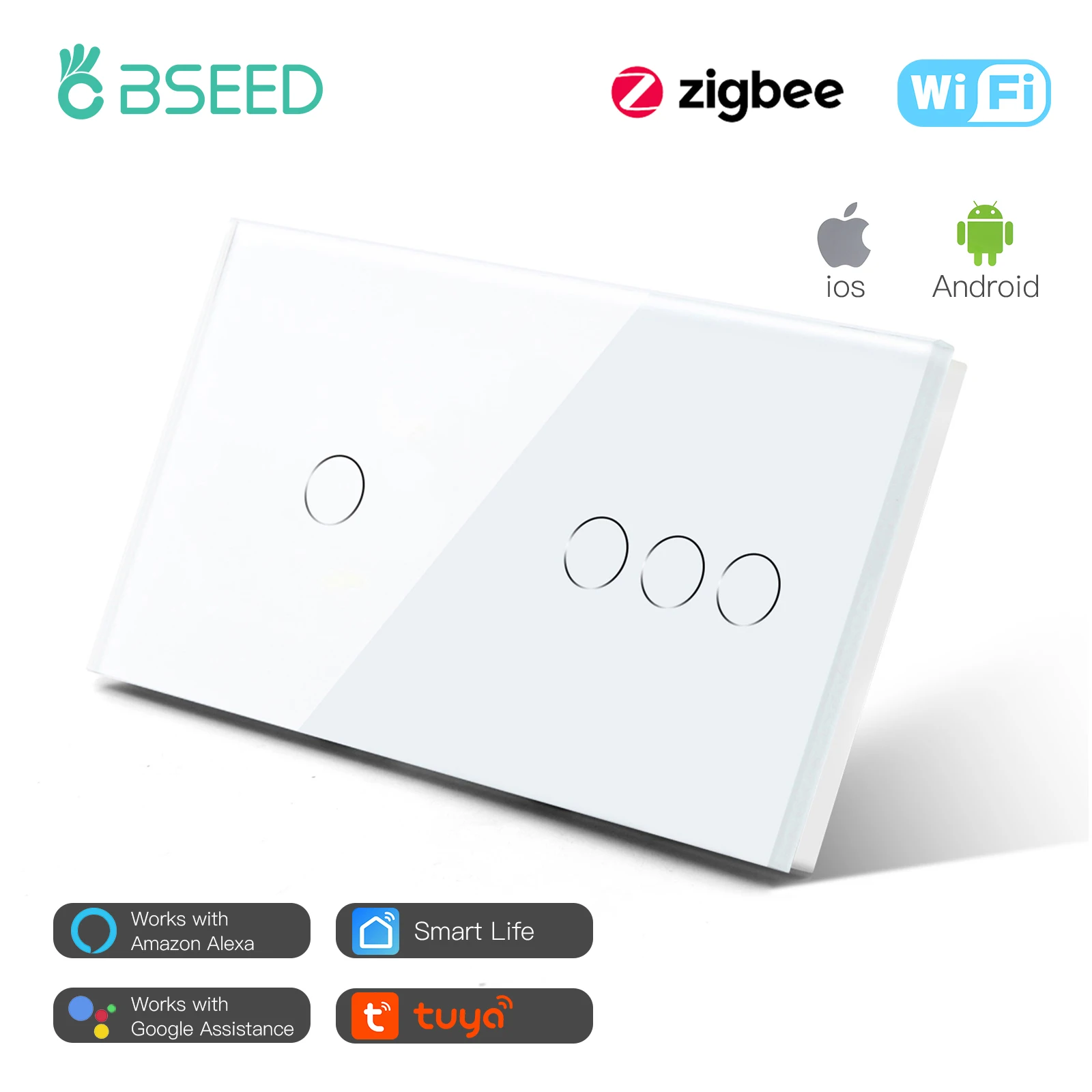 

Умный выключатель BSEED Zigbee, сенсорный выключатель для украшения дома, европейский/Британский стандарт, 4 клавиши, с поддержкой Alexa