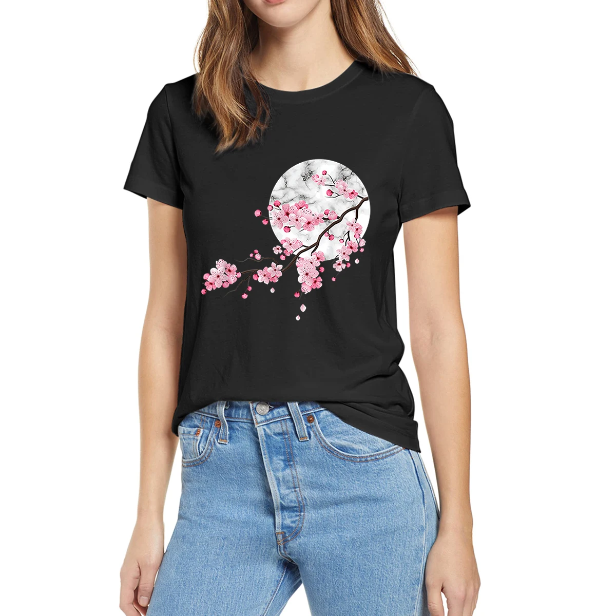 

100% Cotton Sakura Cherry Blossom Japan's Favorite Flower Funny Summer Women Casual Novelty Oversized T-Shirt Unisex Loose Tee