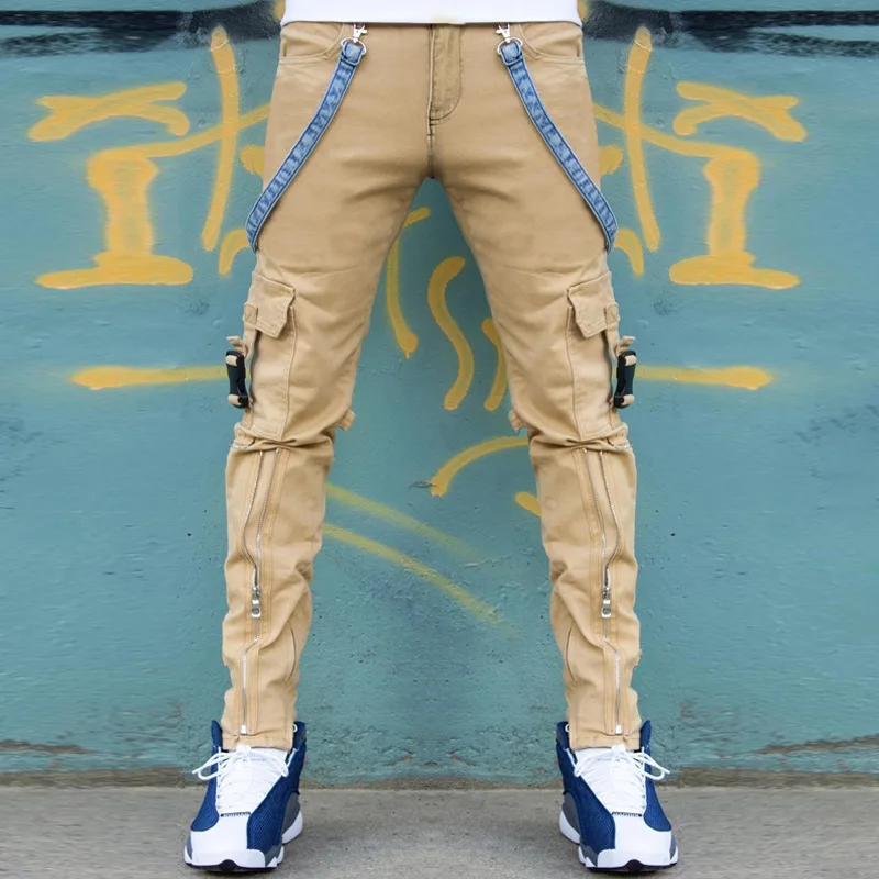 Patchwork Jeans Men Washed Skinny Jeans Men's Trendy Slim Straight Trousers Zipper Cargo Pants Boys Fashion Street Hip Hop Pants