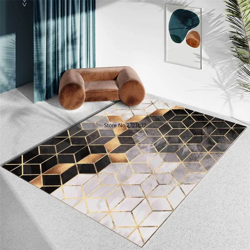 Nordic Black Gray Geometric Lattice Line Living Room Carpet Bathroom Non-slip Mat Furniture Chair Table Mat