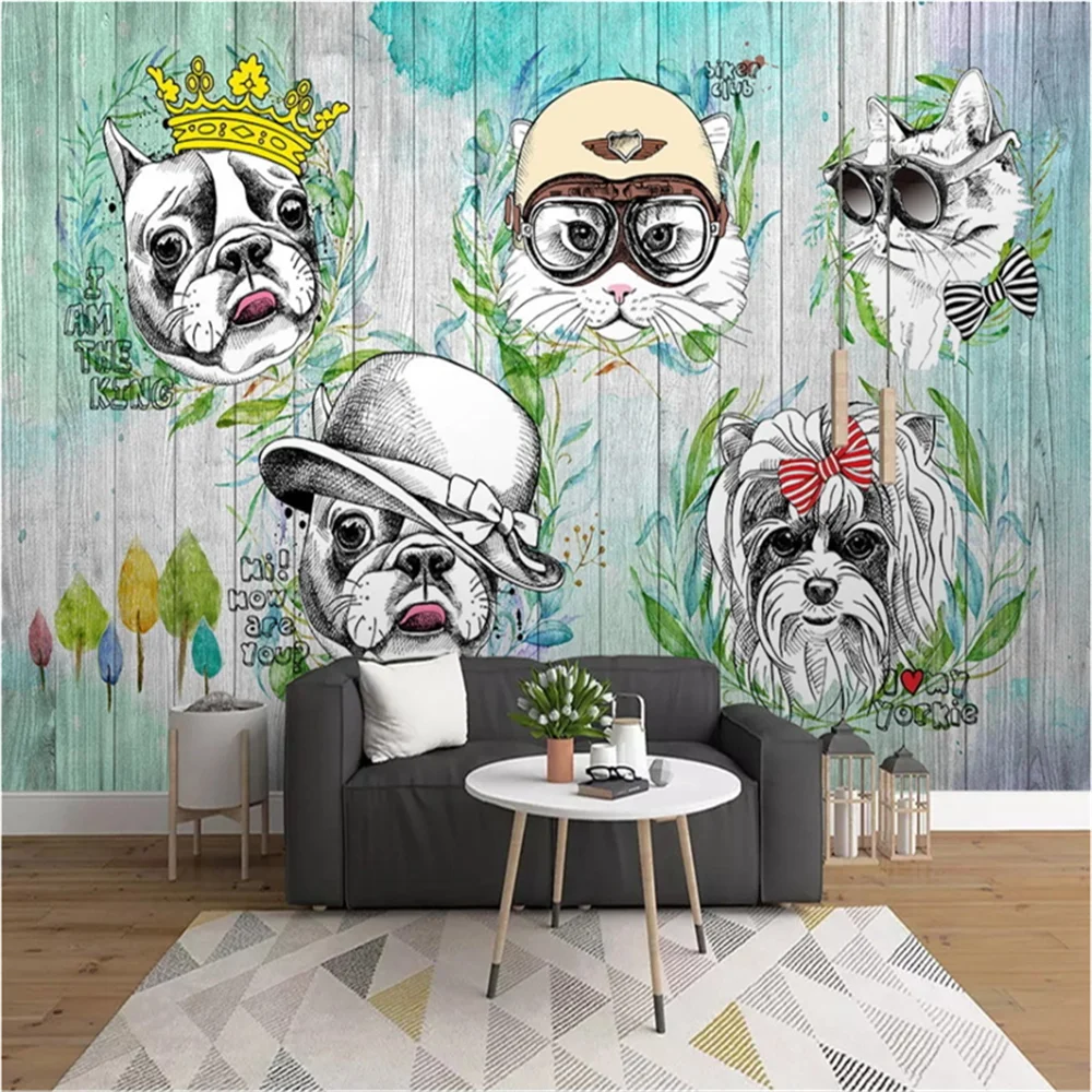 

Custom Mural Wallpaper Hand Drawn Animal Cat And Dog Cartoon Background Wall Painting