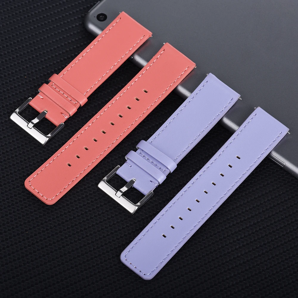 High Quality Smooth Leather Watchband Pink/Purple Leather Watch Strap 22mm Quick Release Bar Watchbands Accessories