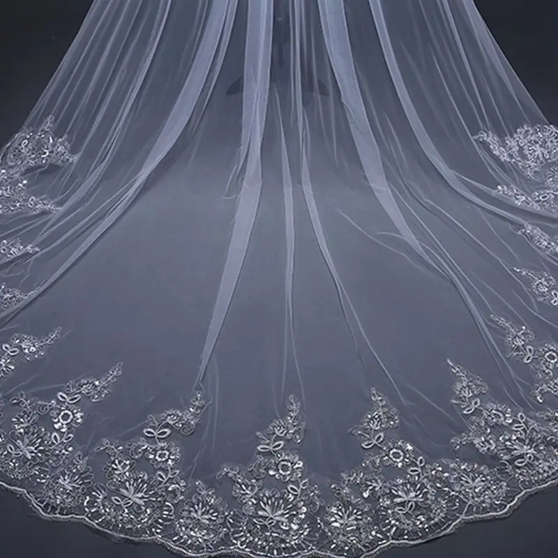 4M One-Layer Vrouwen Trailing Kathedraal Wedding Veil Geborduurde Bloemen Kant Applique Geschulpte Trim Bridal Veil Met