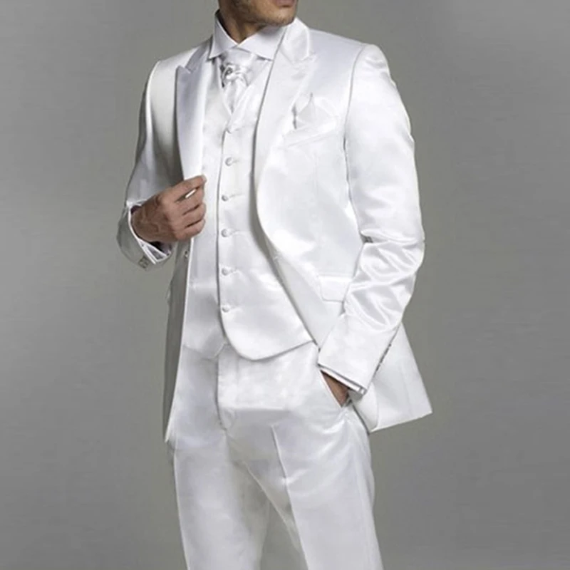 

3 piece White Satin Men Suits for Wedding Groom Tuxedos Peaked Lapel Custom Formal Man Suit Set Jacket Vest with Pants 2023