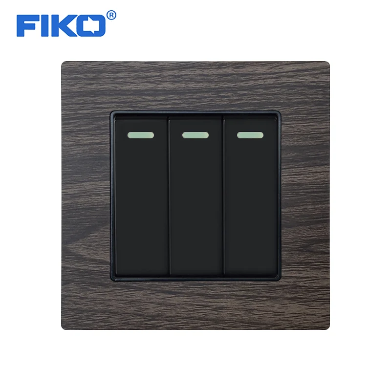 

FIKO Luxury Push Button Wall Switch 3 Gang 2 Way Light Switch Interruptor Brushed Aluminium Wood grain Panel 10A AC 110~250V