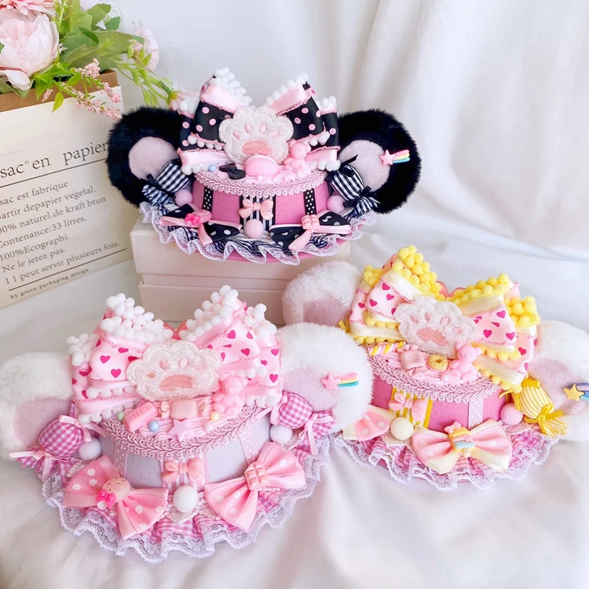 Original Handmade Lolita Top Hat Lolita Bear Ear Hat Cream Sugar Sweet Sweet Cream Glue Sweet