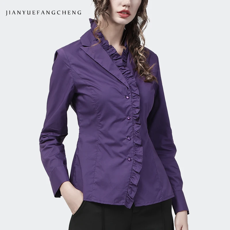 100% Cotton Women Ruffle Suit Collar Long Sleeve Shirt 2021 Autumn new Elegant Slim Purple Single-Breasted Ladies Top