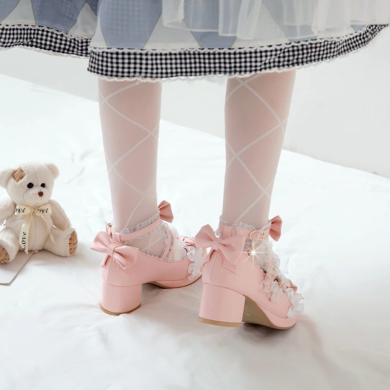 Plus Size 34-48 Lolita Mary Janes Women High Heel Shoes Sweet Bowknot Bell Cross Strap Dress Party Wedding Shoes Bridal Princess