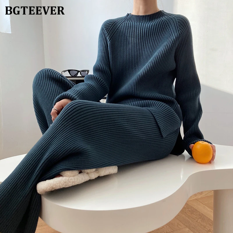 BGTEEVER Vintage Women Solid Knitted Set 2021 Autumn Long Sleeve Pullovers & Elastic Waist Pants Ladies 2 Pieces Sweaters Set