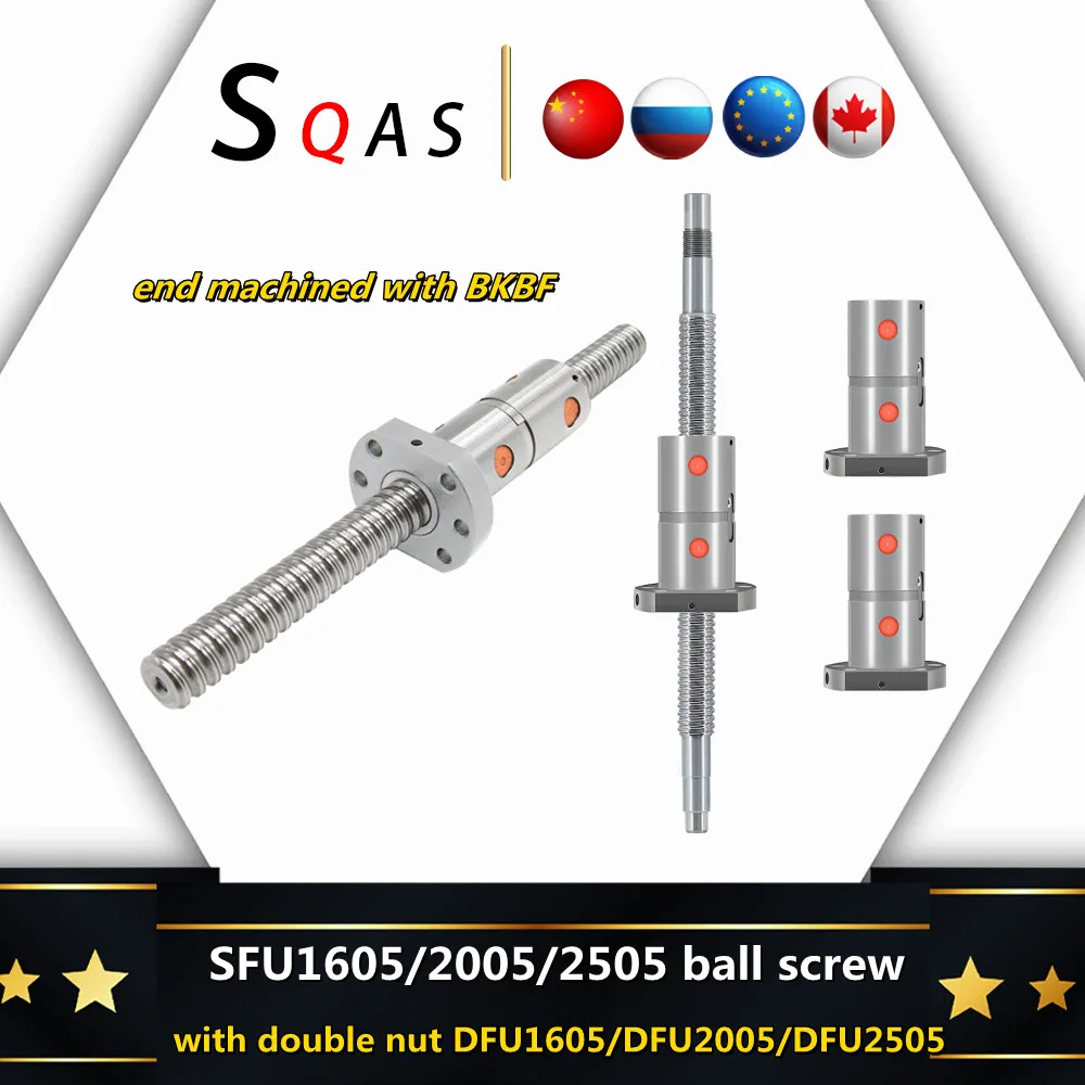 

Fast deliver ball screw 1pcs SFU1605 SFU2005 SFU2505 double nut DFU1605 DFU2005 DFU2505 C7 machined with BKBF12 BKBF15 BKBF20