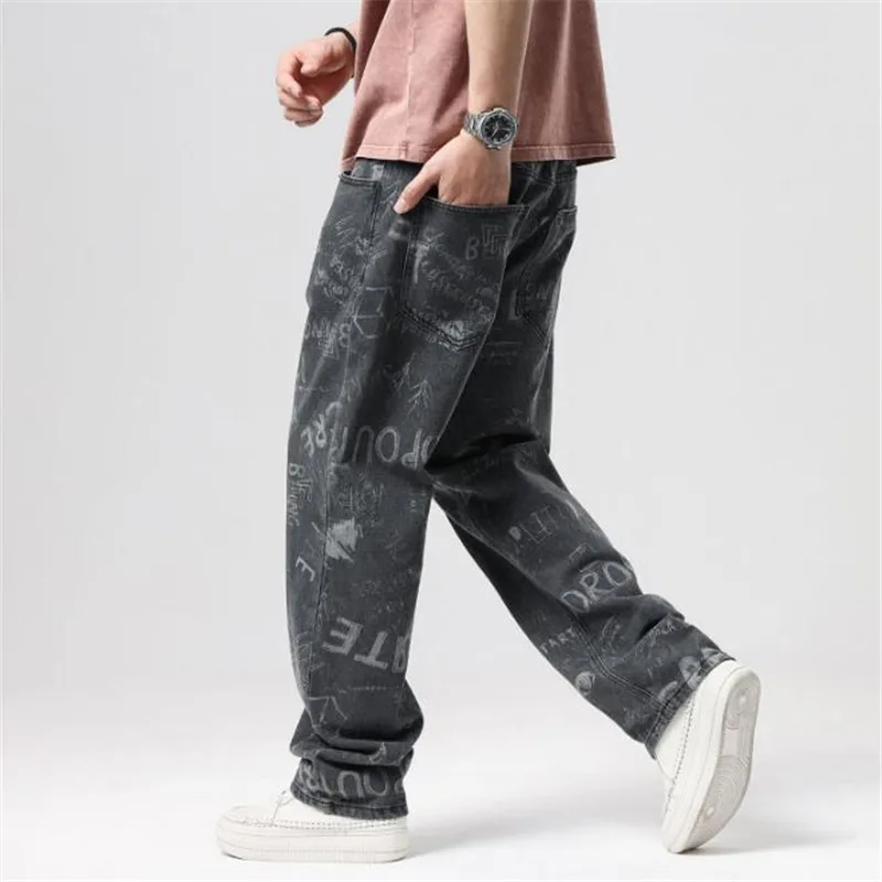 

Fashion Black Printing Jeans Men's Plus Size 46 Baggy Denim Pants Hiphop Tide Loose Men Clothing Bottoms Spring Autumn