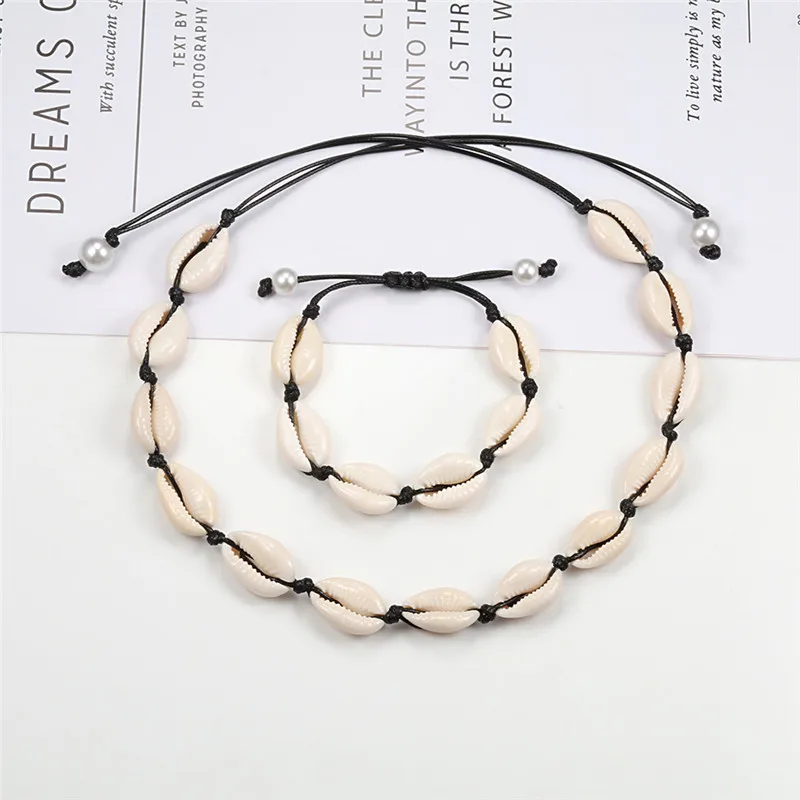 Hot Natural Shell Women Necklace Bracelet Set Women White Marine  Conch Black Rope Boho Jewelry Charm Accessories Festival Gifts