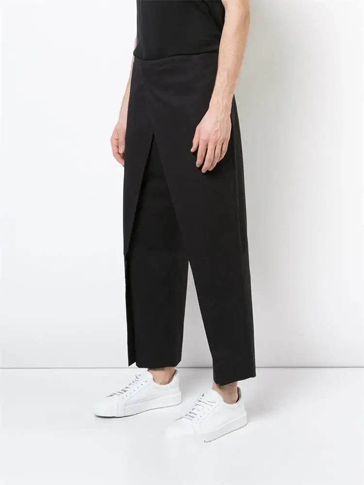 Codzienne męskie spodnie spodnie spódnica proste spodnie wiosenne i jesienne nowe czarne nieregularne fałszywe dwie podzielone wzornictwo osobowość moda