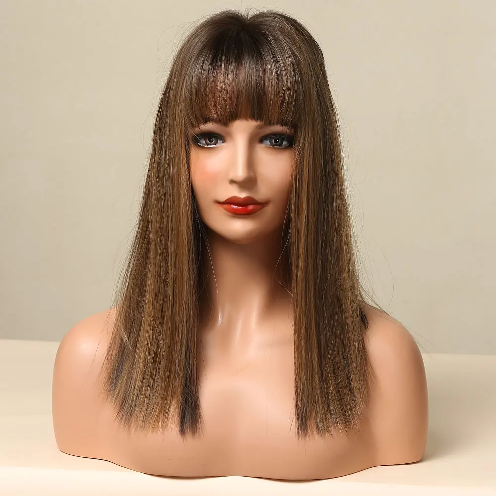 GEMMA Medium Straight Bob Synthetic Wigs with Bangs Ombre Black Dark Brown Honey Highlight Wigs for Women Heat Resistant Hair