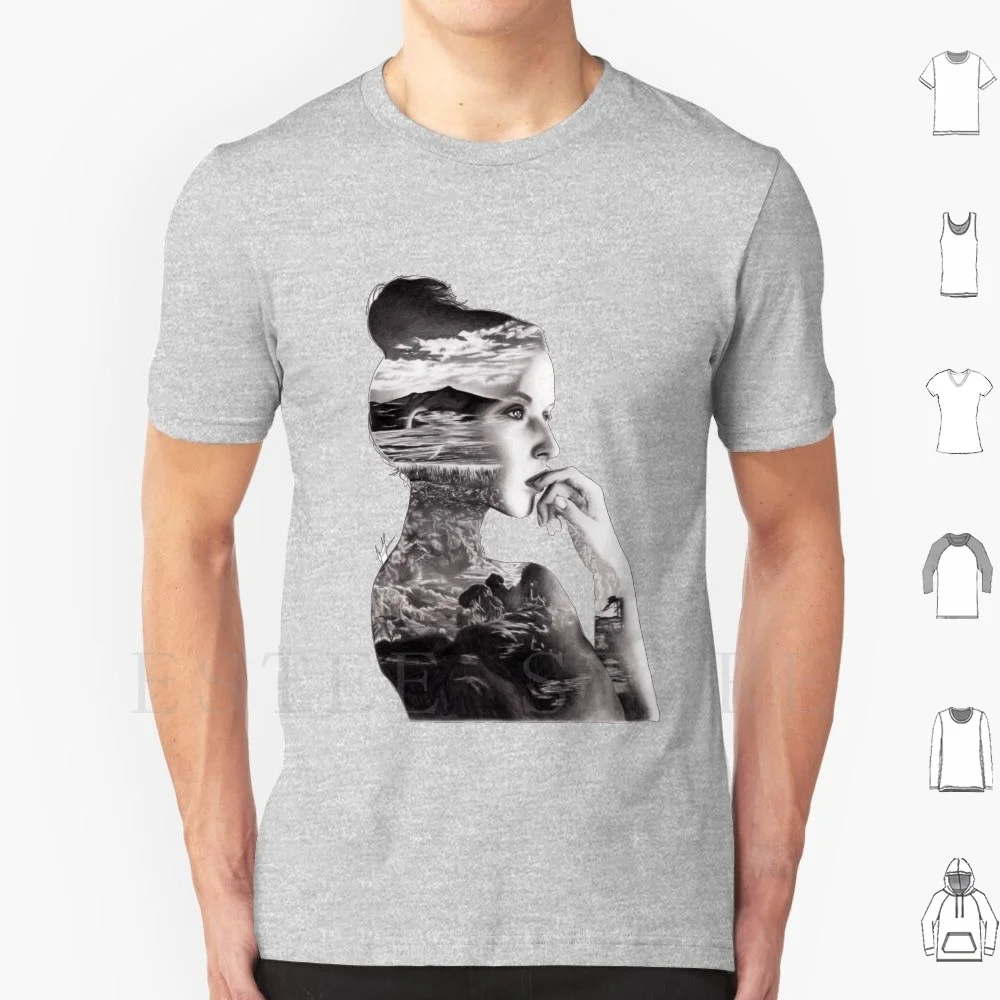 Double Exposure T Shirt Print Cotton Double Exposure Realistic Drawing Realism Womens Portrait Nature Hyper Realism Artist