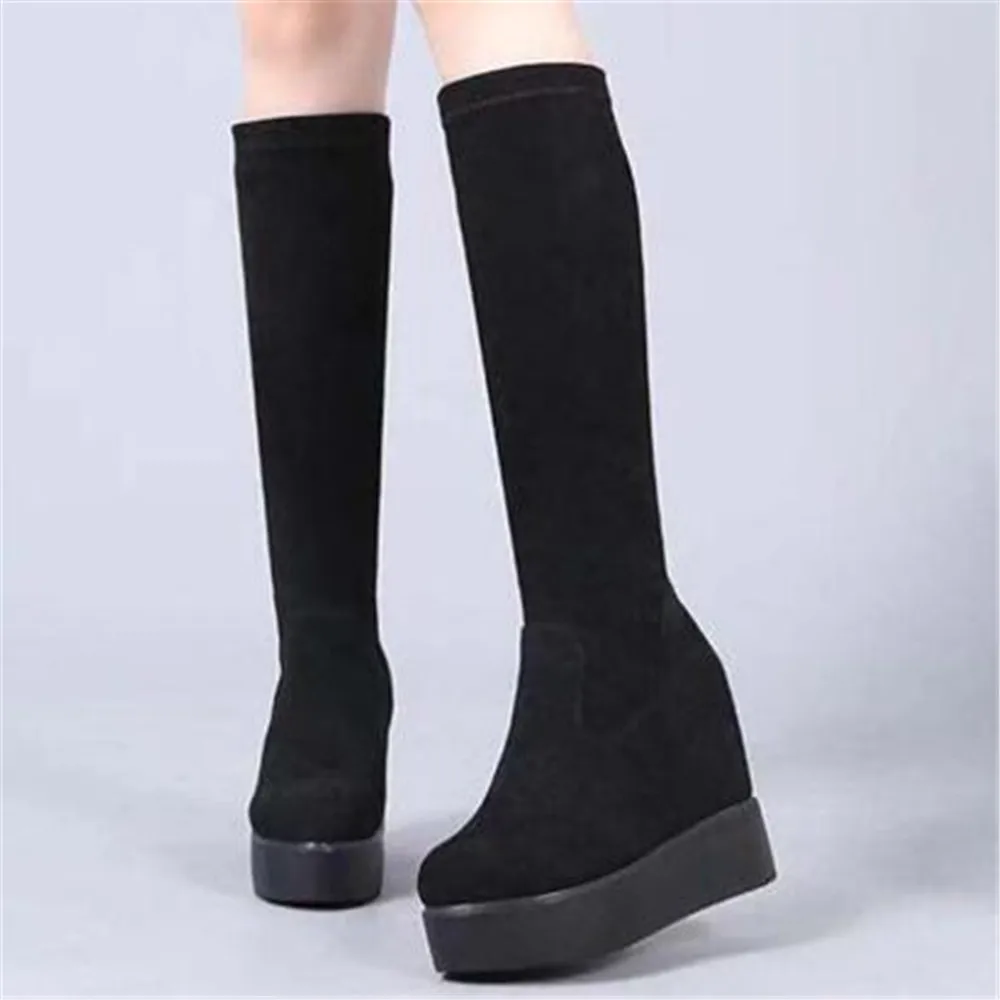 Autumn Winter Warm Wedges Knee High Boots Inner Increase Women\'s Round Toe Elastic Boots Long Tube Muffin Bottom Female Shoes