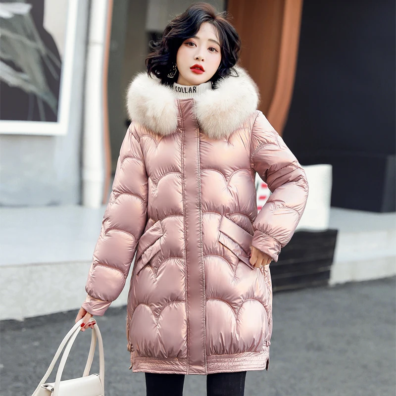 

Fad Winter Soild Women Puffer Coat Long Casual Hooded Fur Ladies Jackets Shiny Padded Cotton Female Parkas with Pockets Outwear