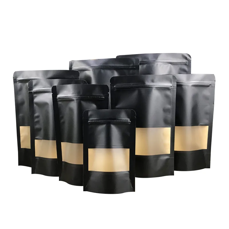 50pcs Thick Reclosable Snack Cookie Tea Coffee Stand Up Kraft Paper Packaging Bag Matte Black Zip Lock Kraft Bags with Window