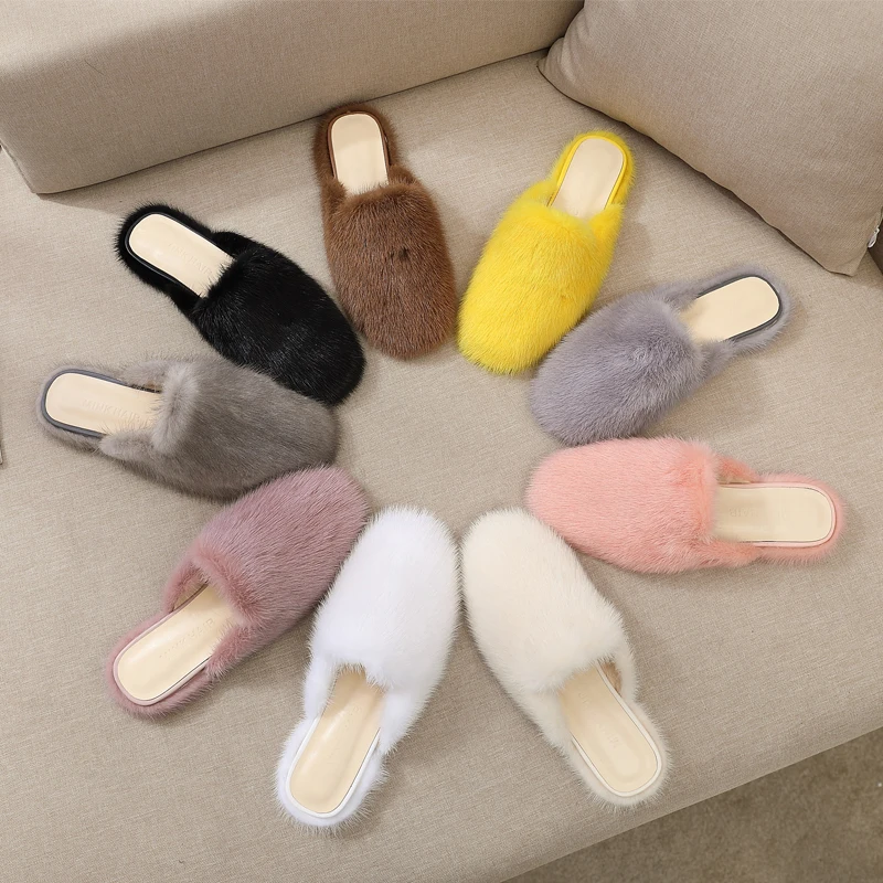 New Ladies Slippers 100% High Quality Mink Mule Shoes Real Mink Slippers Casual Flat Shoes Home Shoes Girls Outdoor Slippers