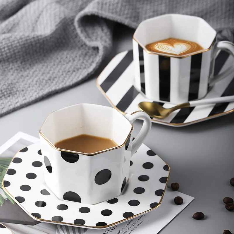 British style 9inch Octagonal Ceramic Plate Black White Dot Stripe Tableware Coffee Plates Dishes Afternoon Tea Set Home Kitchen