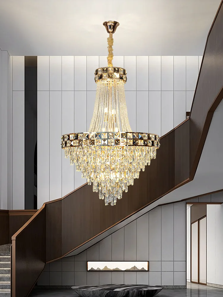 Modern Staircase Polyhedron Cut K9 Crystal Chandelier Corridor Luxury Home Decoration Interior Lighting Long Chain Lamp