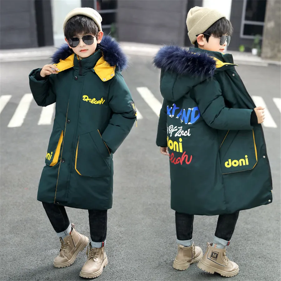 NEW Children warm Thicken clothing Boy clothes Winter Down Jackets 5-15 years Parka Hooded faux fur Coat Kids Teen Snow snowsuit