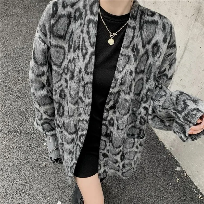 Leopard Wool Women All-match Fashion Blends Winter Outwear Harajuku Coats Korean Style Chic Loose Vintage Streetwear Elegant Ins