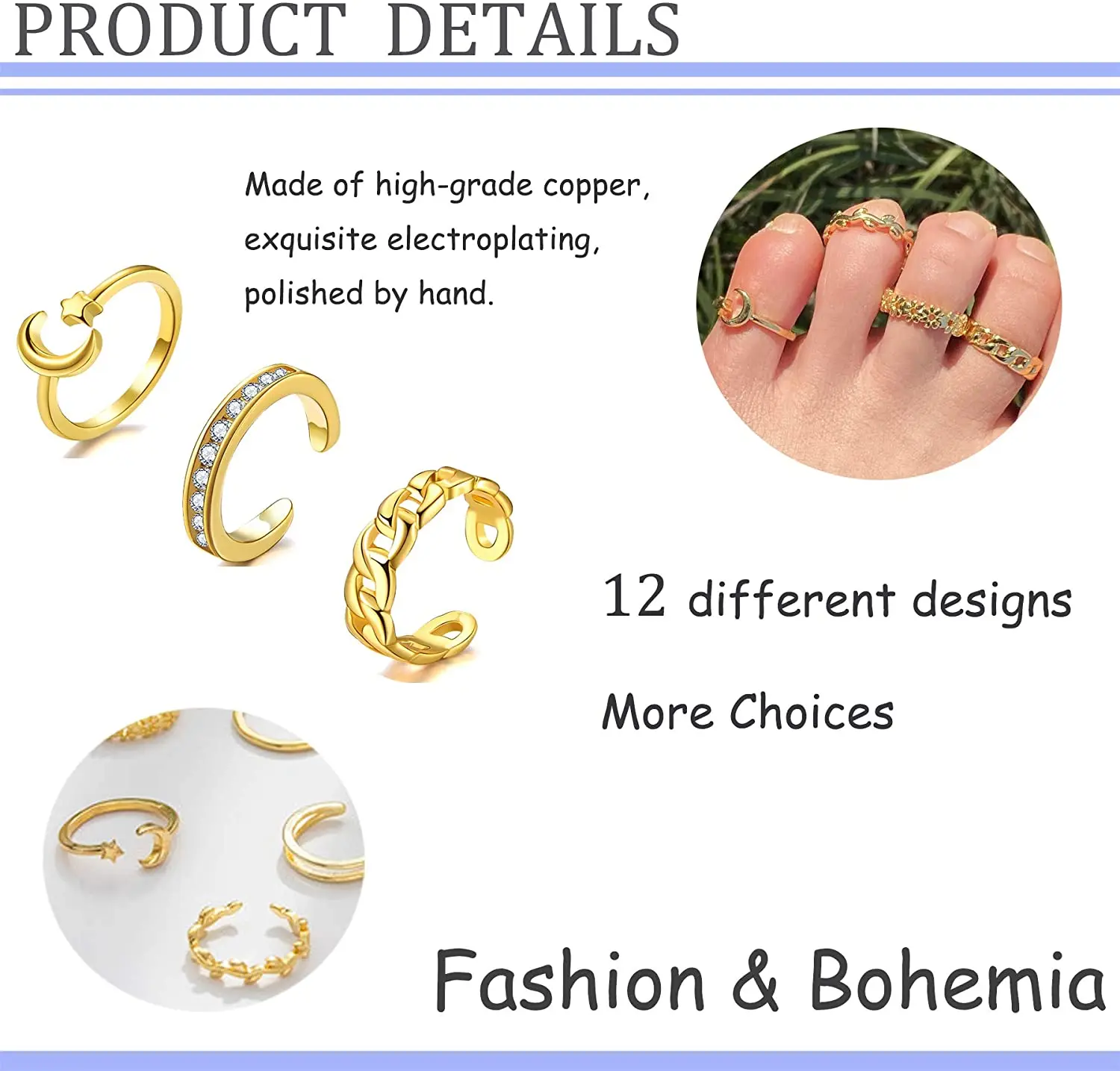 12PCS Adjustable Toe Rings for Women Plated CZ Chain Arrow Moon Hallow Open Toe Ring Set for Women Summer Beach Foot Jewelry