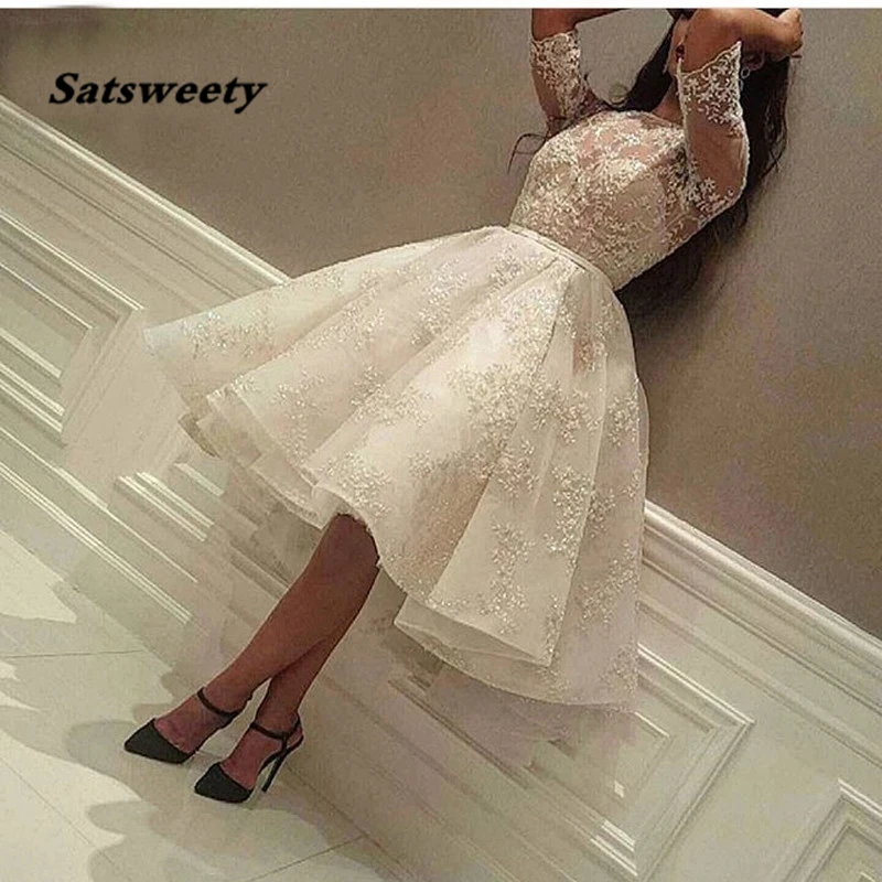 

Fashion Ivory Short Prom Dress Lace Applique Beads Half Sleeve Knee Length Dubai Arabic Short Cocktail Dress Party Gowns