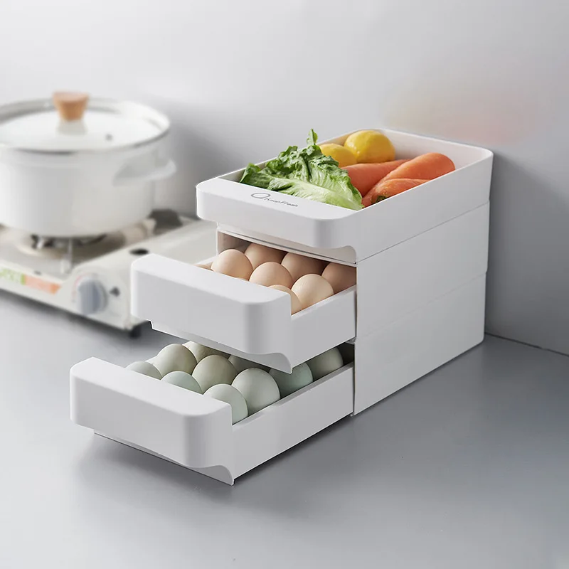 

3 Layers Kitchen Stackable Egg Storage Drawer Fridge Food Organizer Box Pull Open Kitchen Accessories Plastic Storage Box