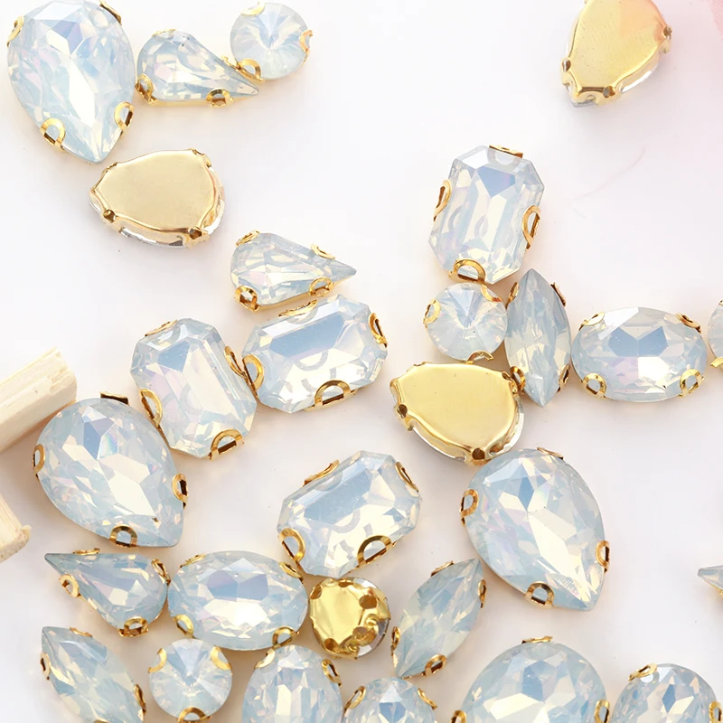 Mixed Shape 50pcs White Opal Rhinestones With Gold Claw Flatback Sewing Diy Craft Accessories Resin Rhinestones With Holes