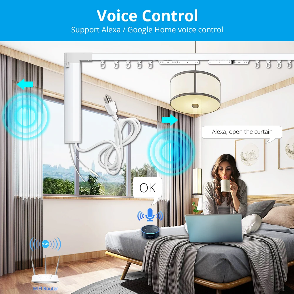 Zemismart Tuya WiFi Electric Silding Curtain Motor with Customized Track RF Remote Control Alexa Google Home Yandex Alice Voice