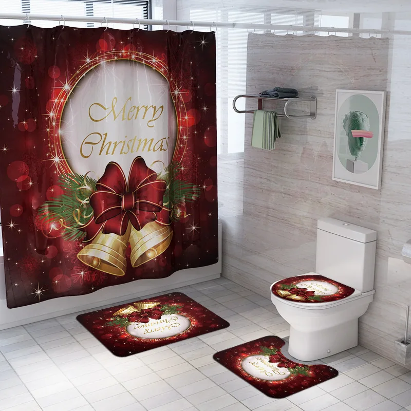 4 Pcs/Set Shower Curtains+Bathroom Mats Non Slip Carpet Toilet Cover Seat Cartoon Christmas Bath Rug Foot Pad Home Decor Doormat