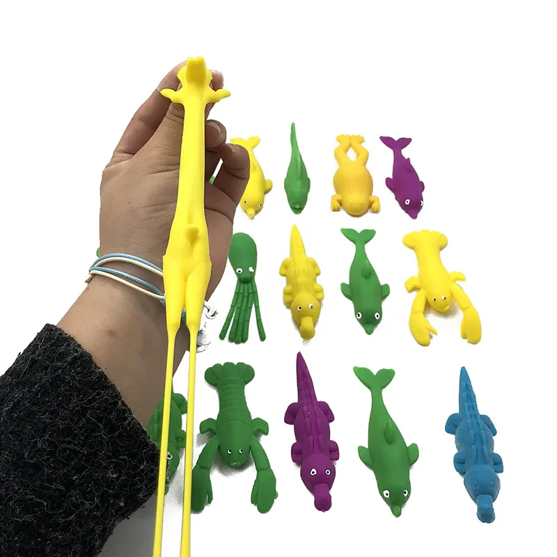 10Pcs Novelty Hand Catapulted Walls Joke Finger Toys Stretchy Flying Laugh Sticky Cartoon Marine Animals Serie Toys Non-toxic