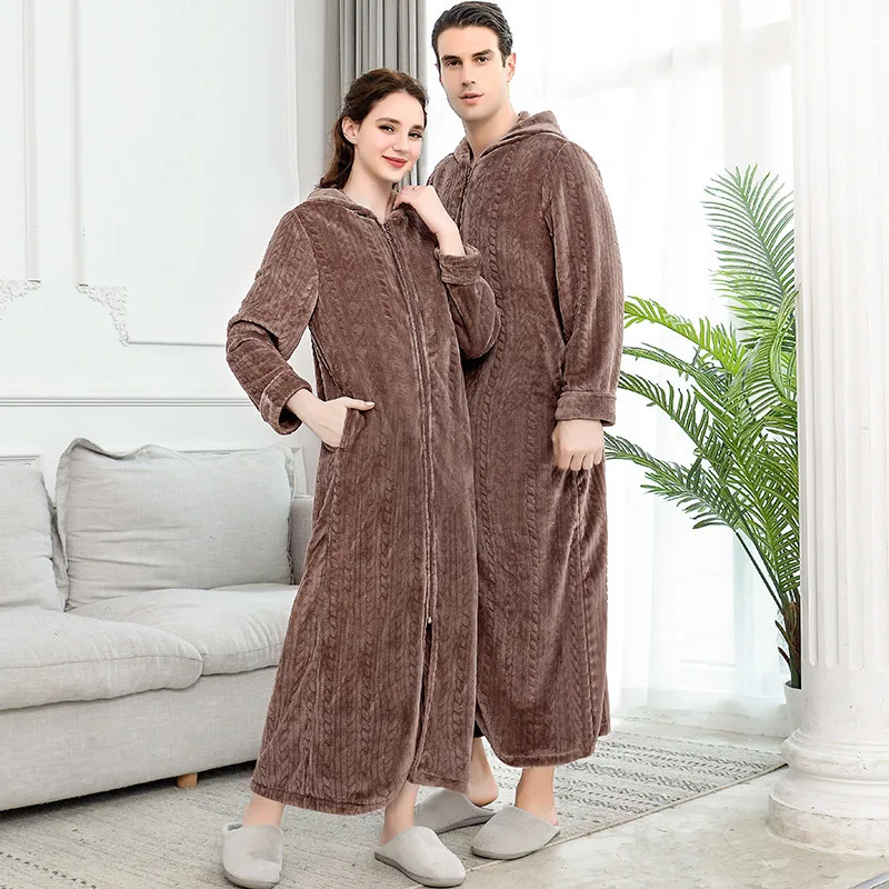 Men Women Extra Long Winter Warm Nightgown Size Pregnant Zipper Sleepshirts Luxury Soft Grid Flannel Thermal Dressing Gown