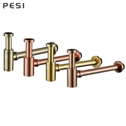 Rose Gold Bottle Trap Round Siphon Antique Brass P-TRAP Bathroom Vanity Basin Pipe Waste Brass Kit Gold Pipe Waste Hardware.