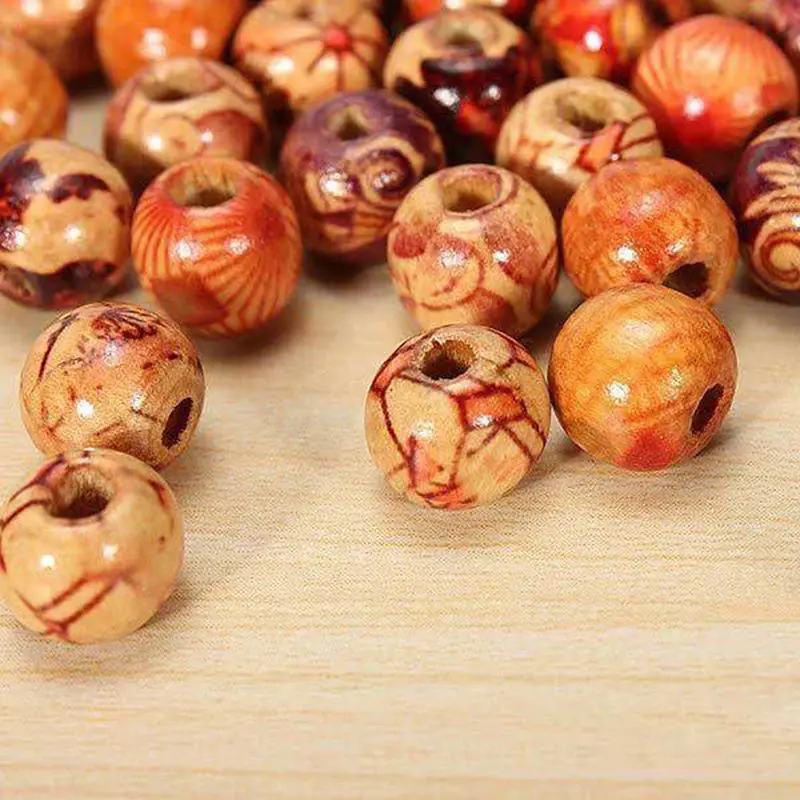 200Pcs Painted Wooden Beads Spacer Round Big Hole Beads for Jewelry Making Fit Charm Bracelet DIY Findings  9x10mm