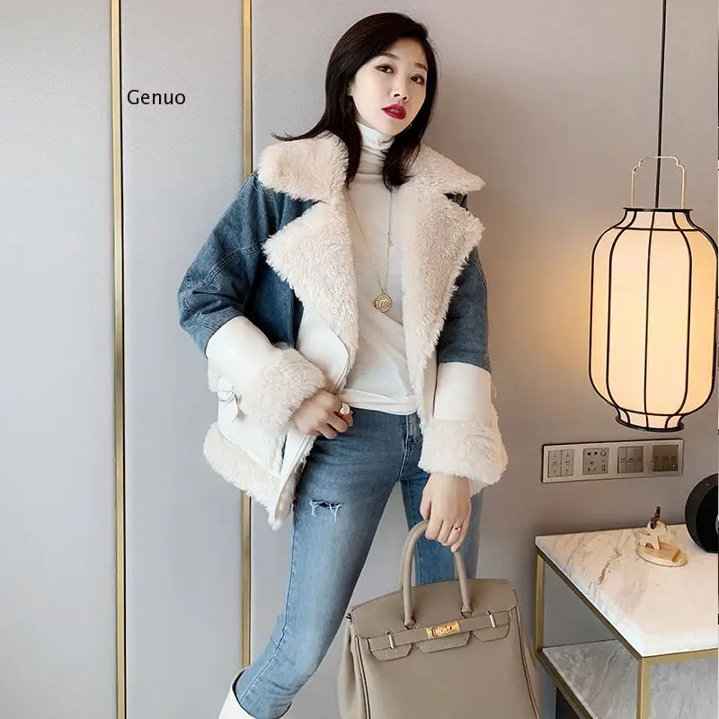 Autumn and Winter New Faux Lamb Wool Stitching Denim Jacket Women\'s Long Section Loose Plus Velvet Thick Cotton Coat Tide