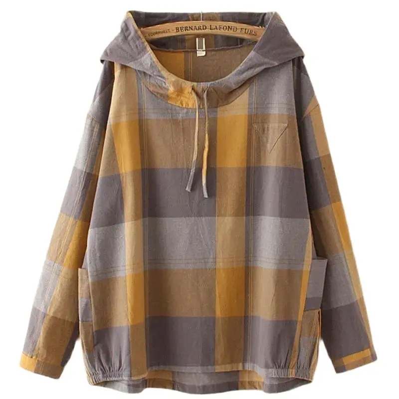 

Lattice Female Shirt 2021 New Spring Autumn Mid-Length Loose Fashion Casual Hooded Hedging Female Long Sleeve Blaus