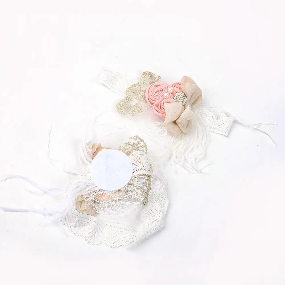 Satin Flower Feather Baby Headband White Lace Rhinestone Pearl Princess Girls Hair Band Vintage Fashion Newborn Accessories